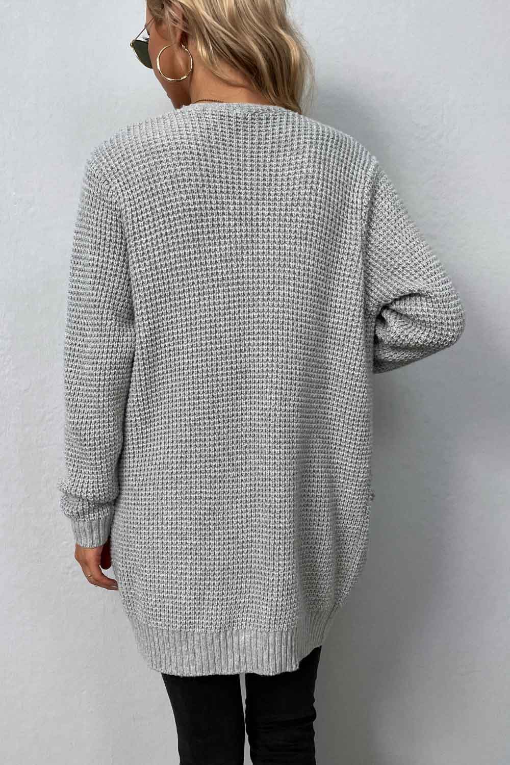 Waffle Knit Longline Open Front Sweater Pocket Cardigan