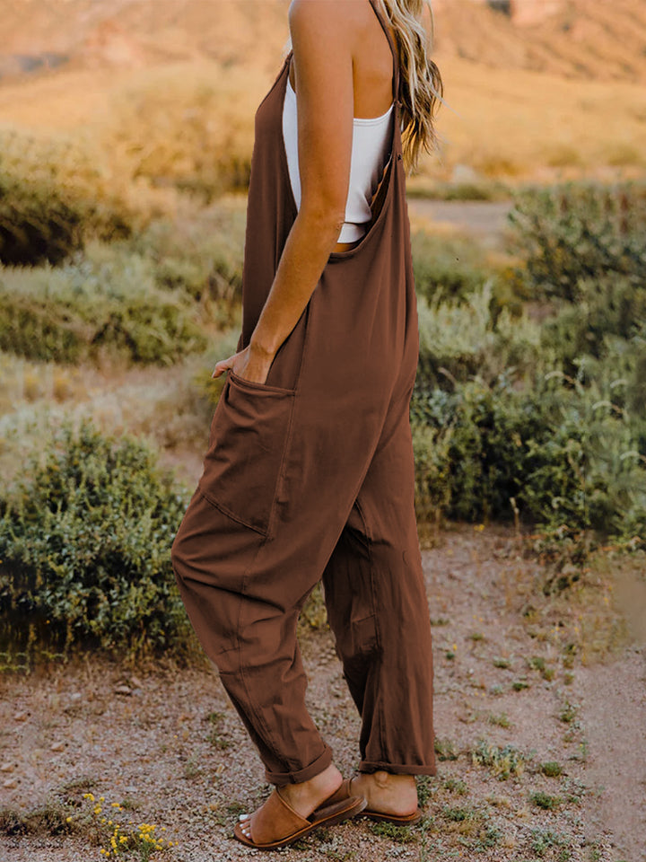 Oversized Hippie V-Neck Sleeveless Wide Leg Pant Pocket Jumpsuit Bohemian Outfit