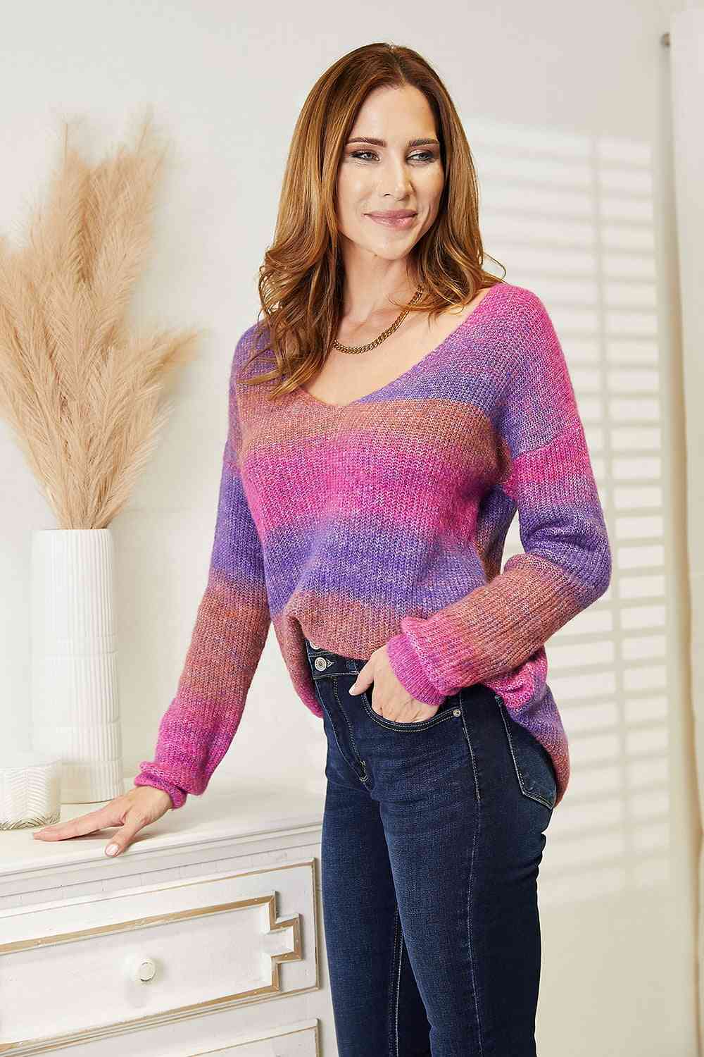 Bright Multicolor Ombre Ribbed Knit Pullover Oversized Split Hem Tunic Sweater Shirt