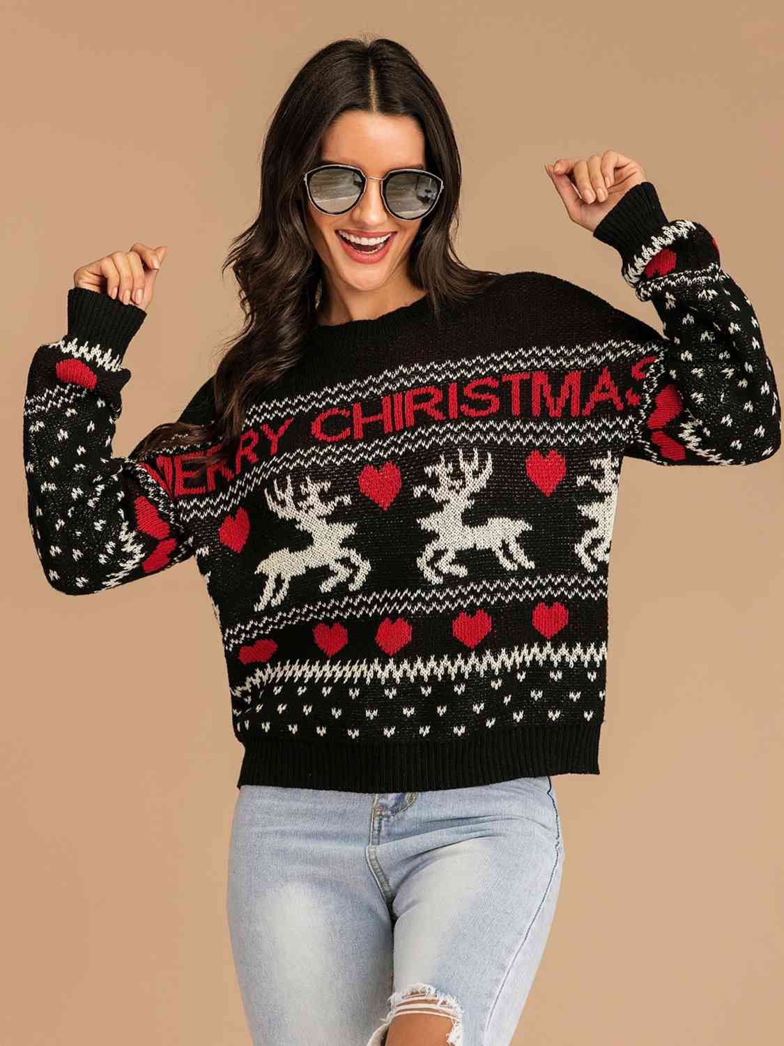 Reindeer Heart Knit Round Neck Holiday Long Sleeve Fair Isle Christmas Sweater