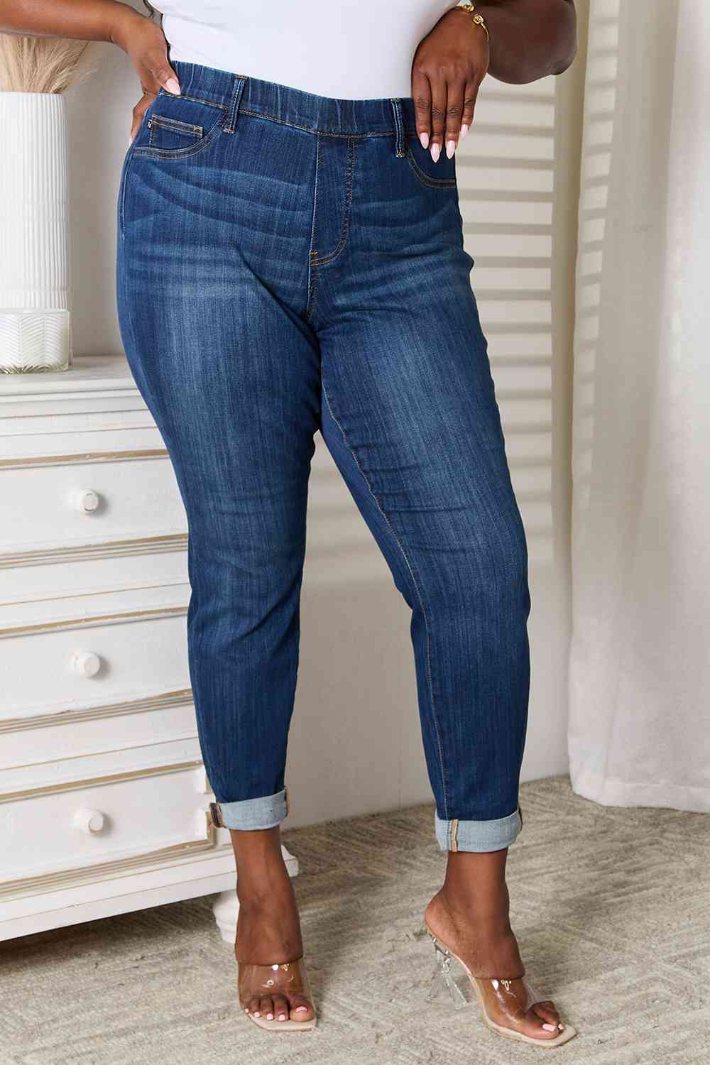 Skinny Ankle Cuffed Pants Cropped Dark Whisker Wash Stretch Denim Judy Blue Jeans