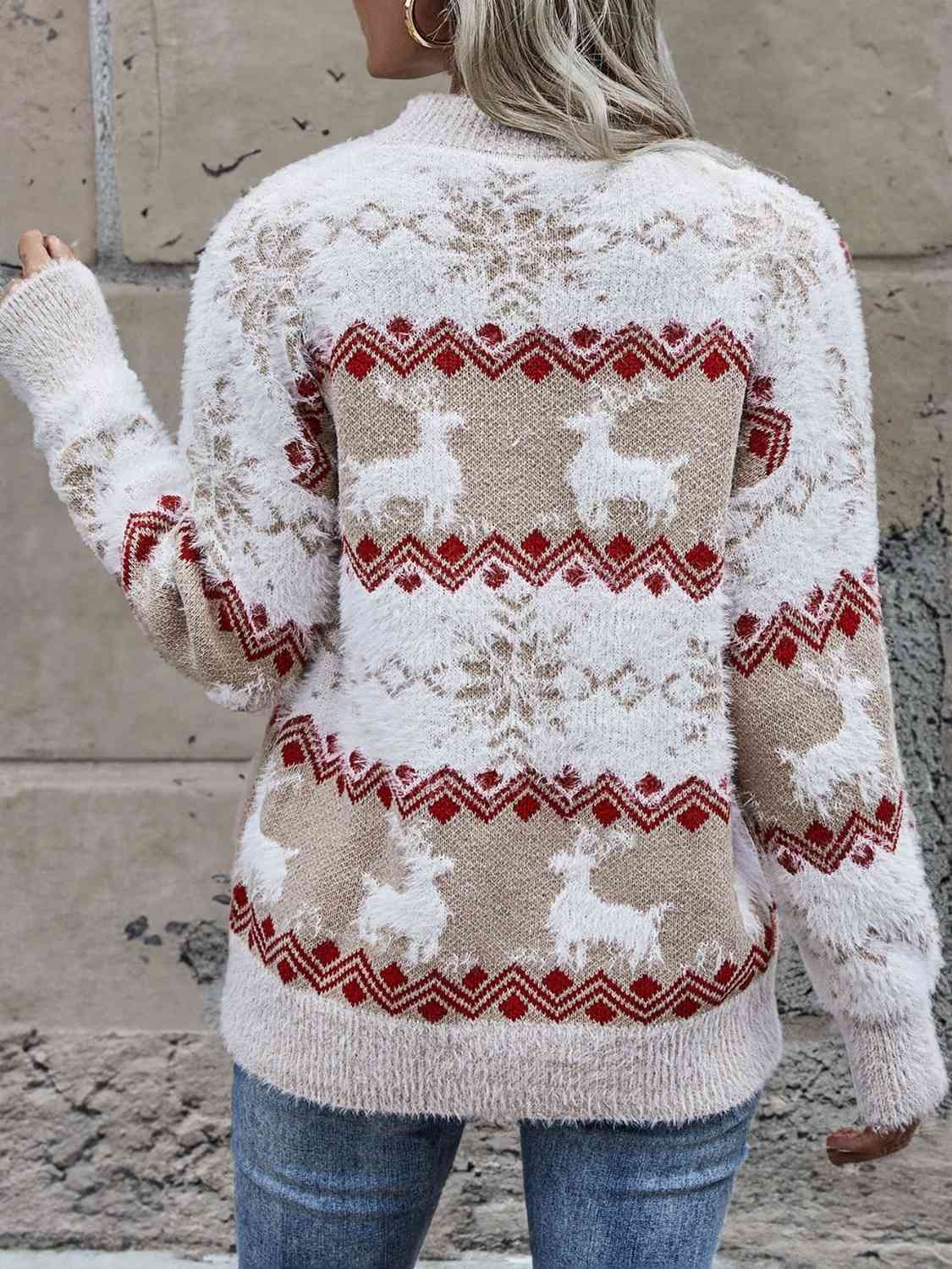 Fuzzy Fair Isle Snowflake Reindeer Knit Round Neck Holiday Minimalist Sweater