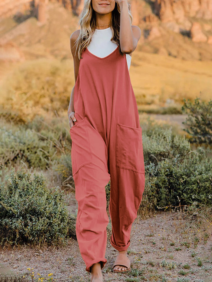 Oversized Hippie V-Neck Sleeveless Wide Leg Pant Pocket Jumpsuit Bohemian Outfit