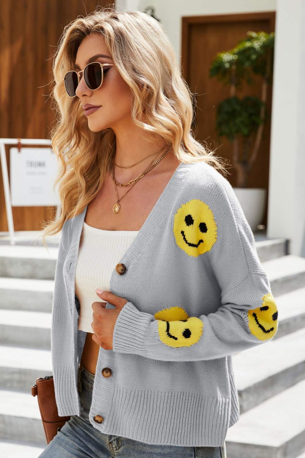 Retro Smiley Face Cropped Classic Knit Button Front Long Sleeve Cardigan