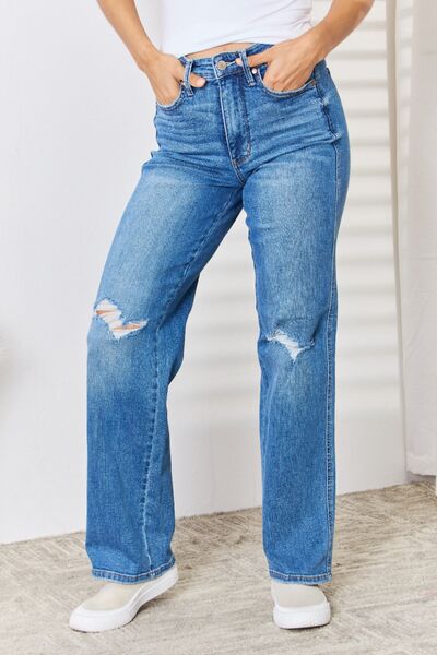 High Rise Tummy Control Distressed Straight Leg Denim Jean Pants Judy Blue