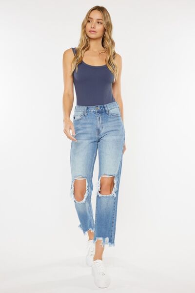 KanCan High-Rise Distressed Denim Raw Cropped Straight Leg Mom Jean Cotton Pants