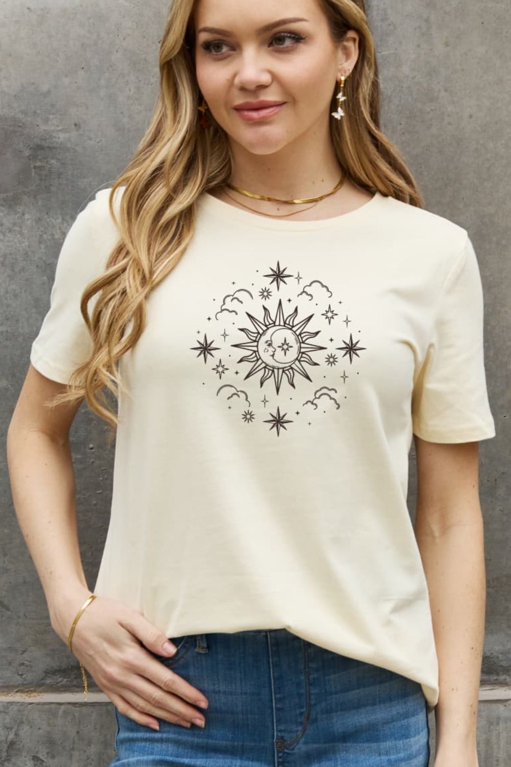 SUN MOON CLOUDS Celestial Graphic Short Sleeve 100% Cotton Tee Shirt (Plus Size Available)