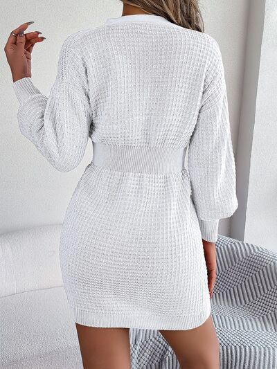 Cable Waffle Knit Blend Sweater Dress Buttoned V-neck Long Sleeve Mini