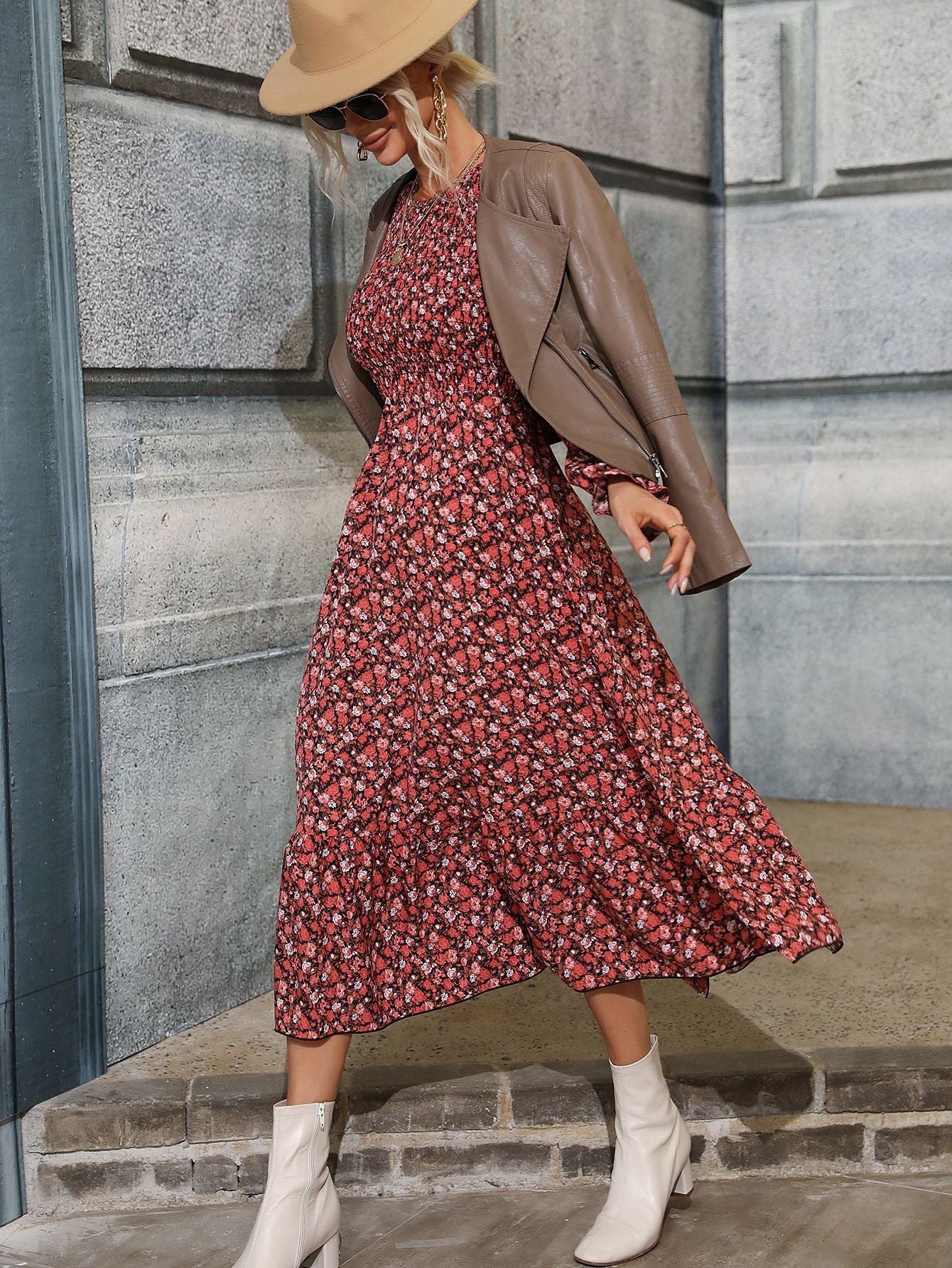 Retro Floral Print Modest Long-sleeve Smocked Bodice Midi Prairie Dress