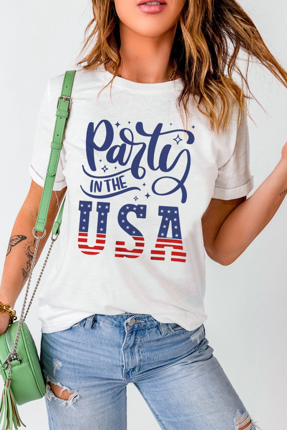 Woman's PARTY IN THE USA American Flag Graphic Cuffed Short Sleeve Tee Shirt (Plus Size Available)