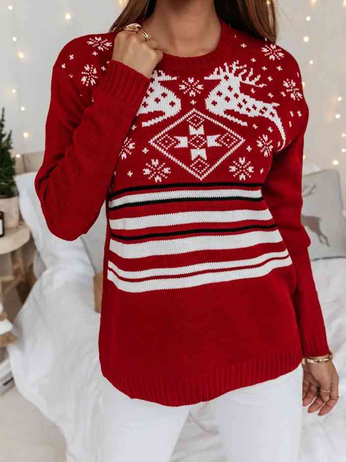 Knit Reindeer Snowflake Stripe Round Neck Classic Holiday Sweater Minimalist