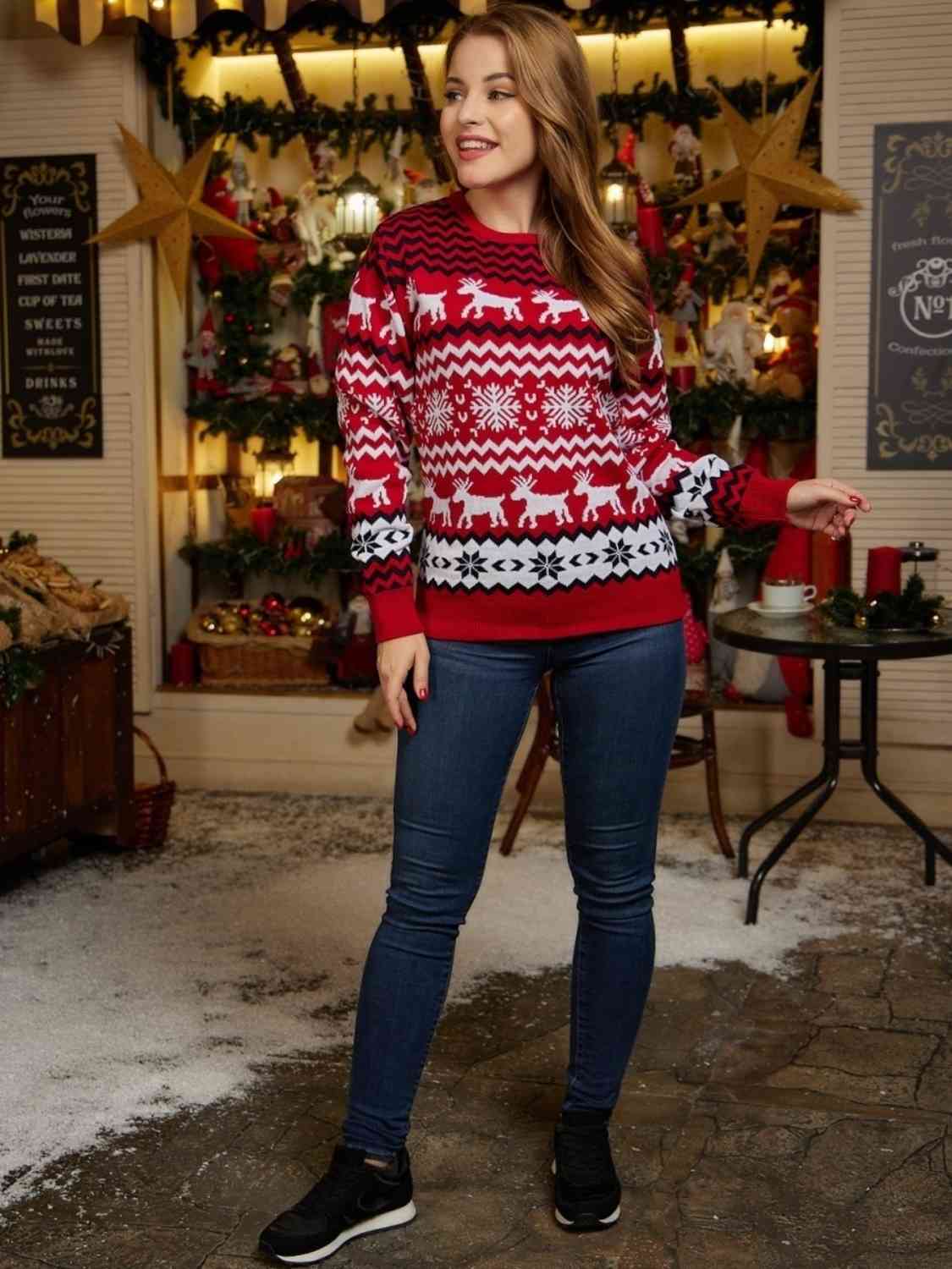 Fair Isle Snowflake Reindeer Knit Round Neck Classic Holiday Minimalist Sweater