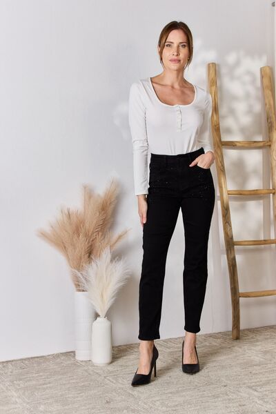 Black Rhinestone Accent Skinny Slim Fit Denim High Rise Waist Jean Pants