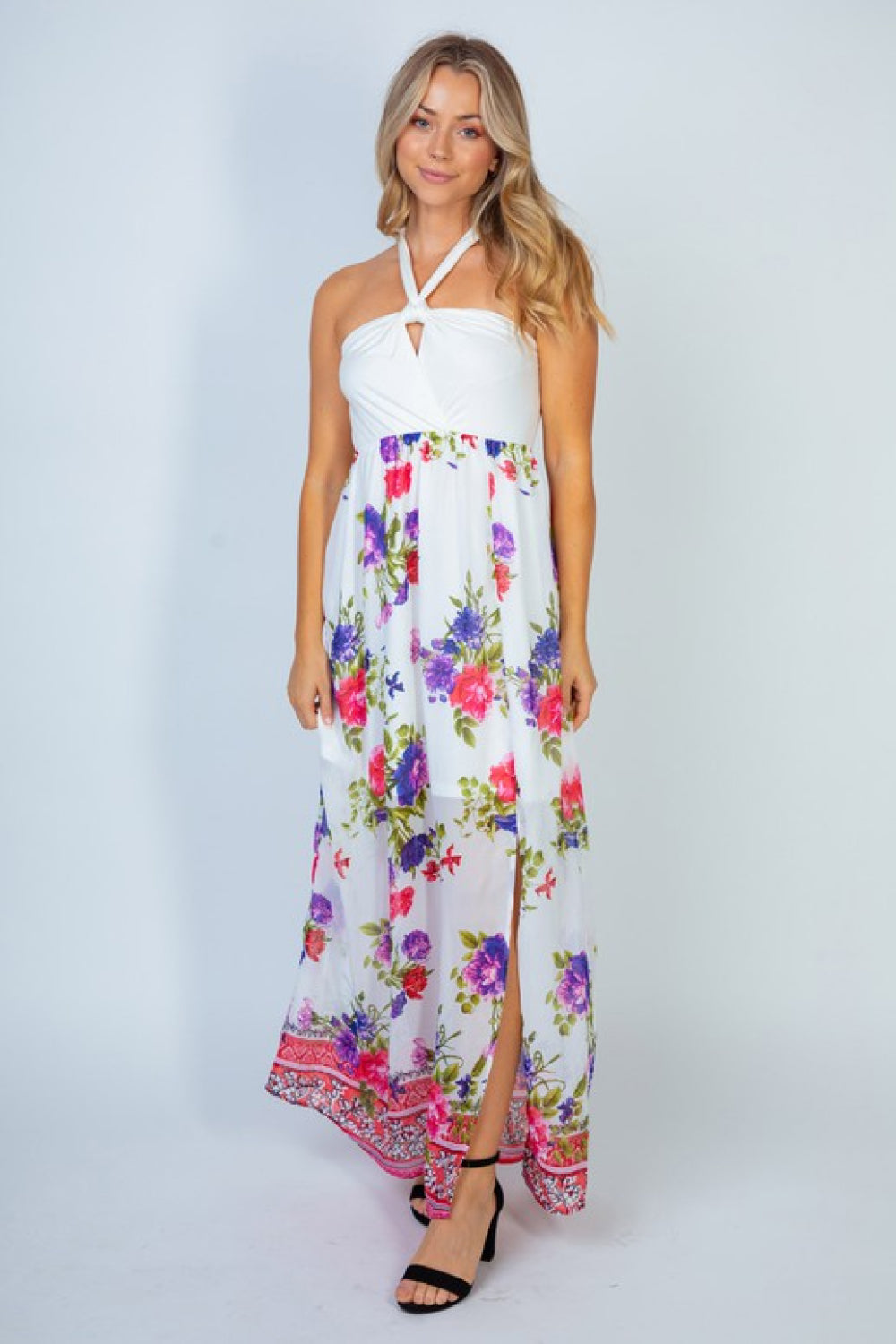 Floral Keyhole Halter Dress Colorful Sheer Mini Mock Maxi (Plus Size Available)