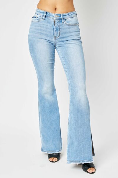 Retro Mid-rise Split Bell Bottom Flare Leg Raw Hem Skinny Judy Blue Jean Pants