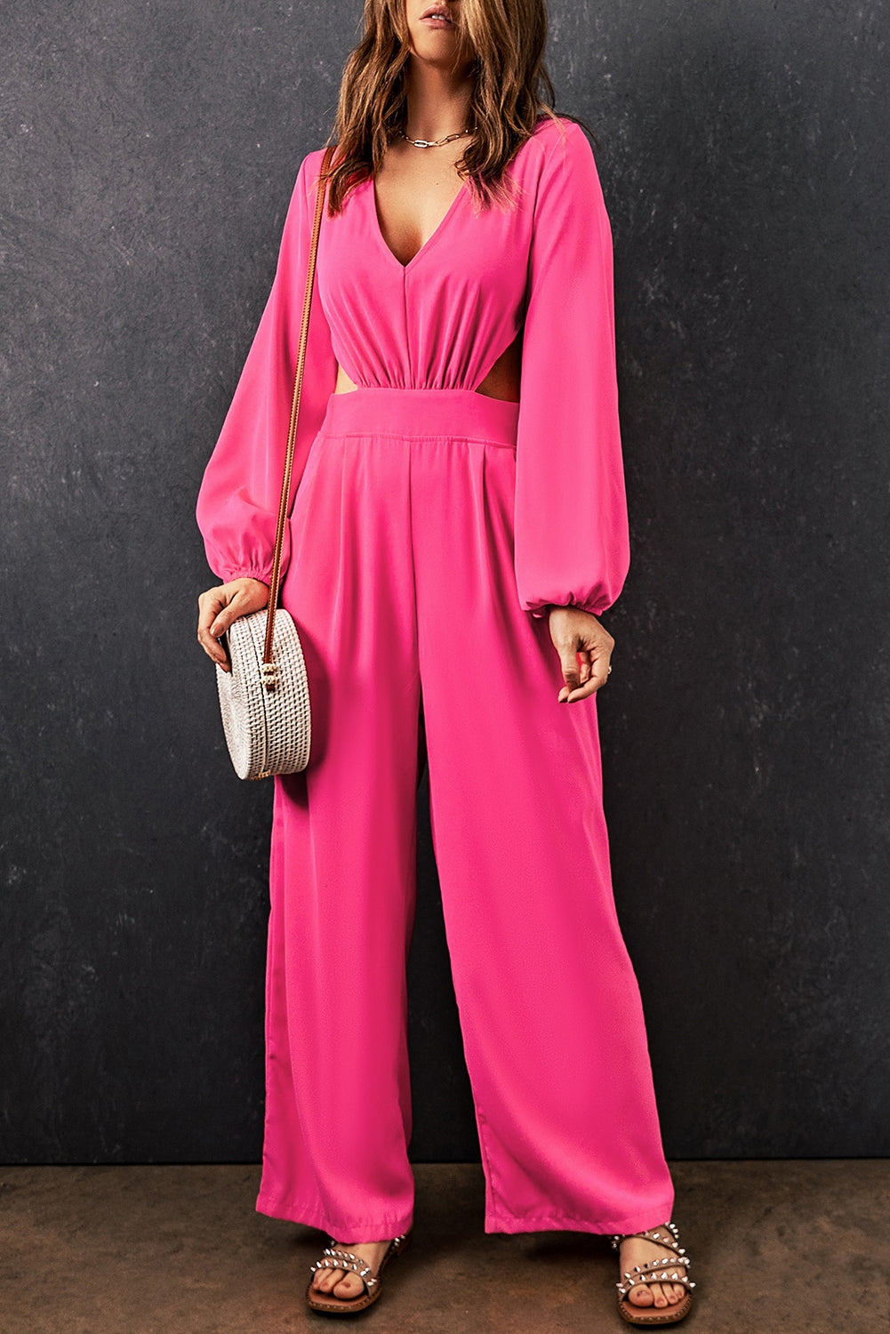 Cutout Side Plunge V-neck Long Sleeve Pant One-piece Neon Hot Pink Jumpsuit