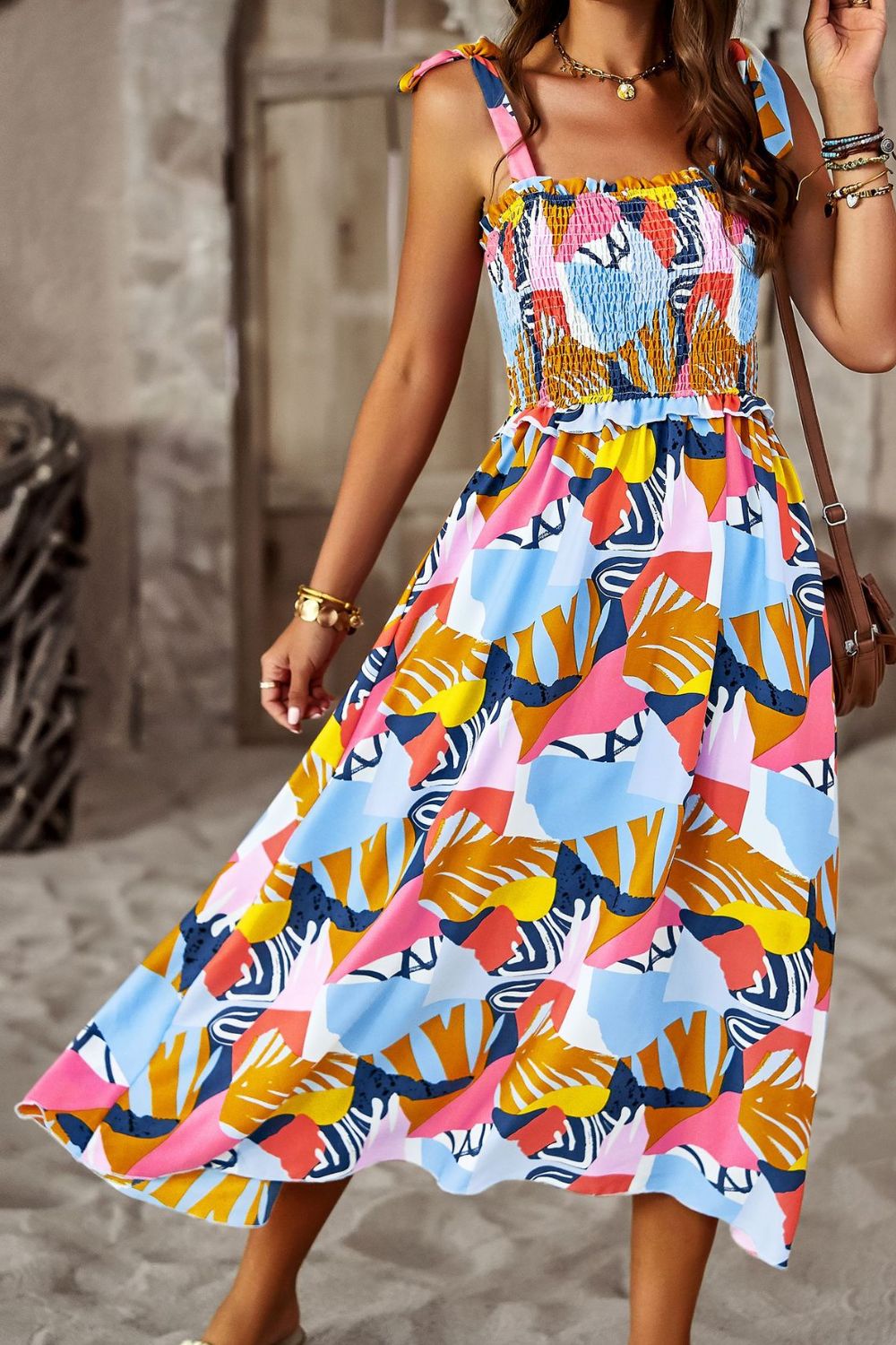 Colorful Bright Print Smocked Bodice Tie Shoulder Summer Midi Dress (5 colors Available)