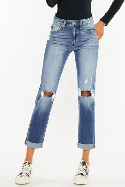 KanCan High-Rise Waist Distressed Denim Cuff Cropped Hem Straight Leg Jean Pants