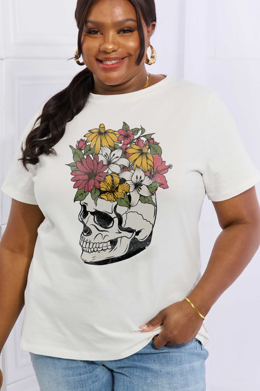 Bright Floral Skull Head Graphic Short-sleeve Tee Shirt 100% Premium Cotton