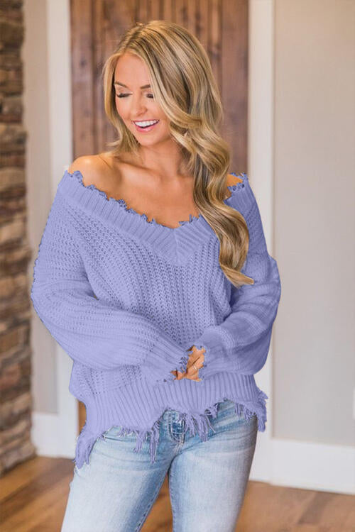Distressed Raw Hem Off Shoulder Wide Neck Long Sleeve Waffle Knit Sweater Shirt