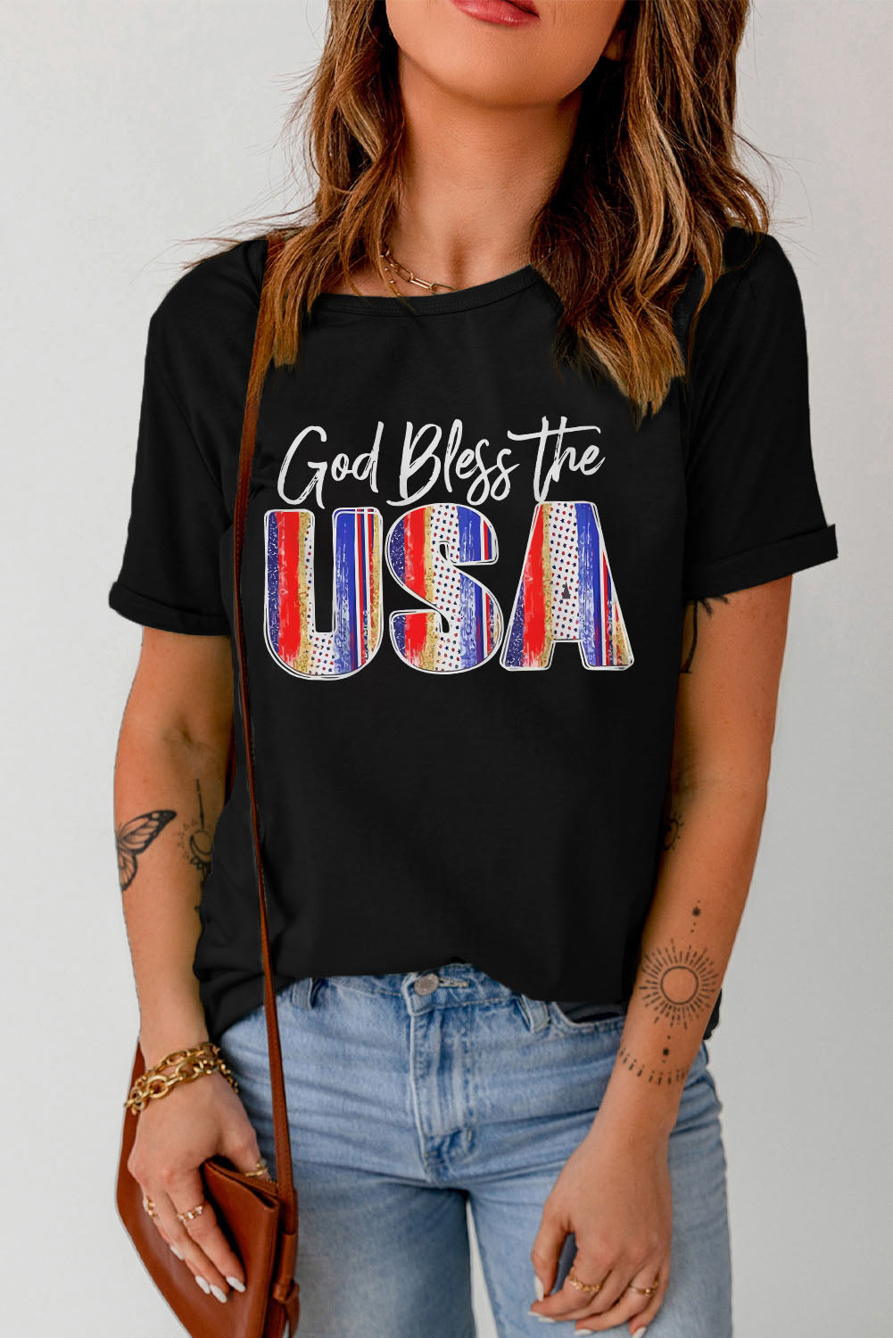 Americana GOD BLESS THE USA Graphic Top Cuffed Short Sleeve Tee Shirt (Plus Size Available)