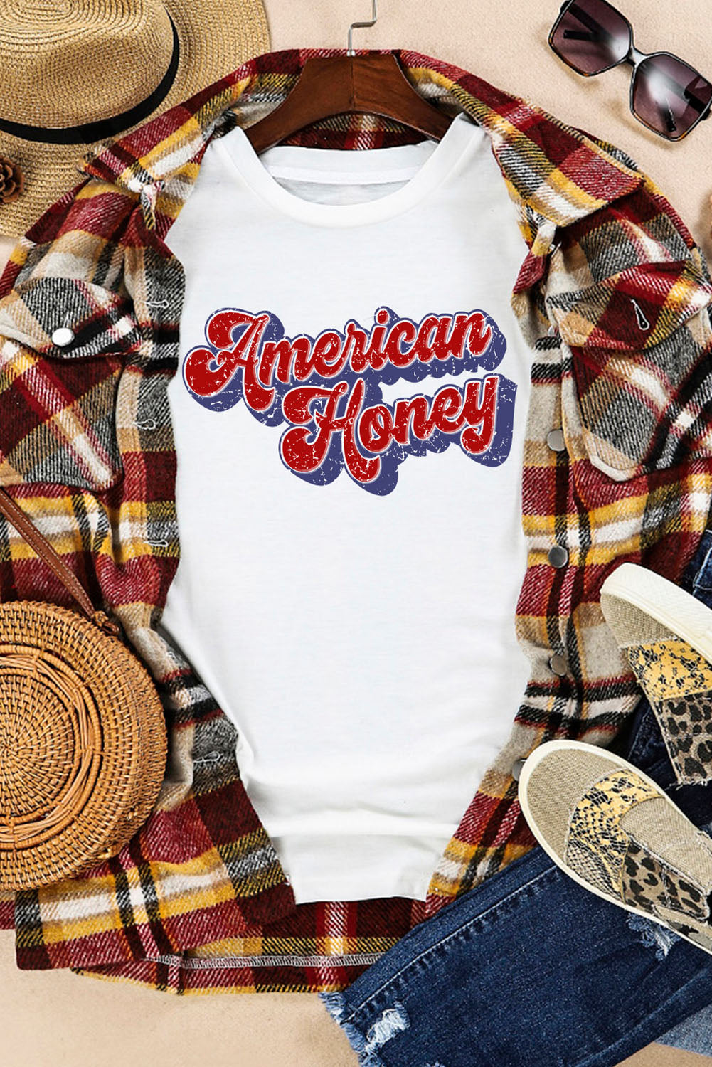 Retro AMERICAN HONEY Graphic Woman's Top Cuffed Short Sleeve White Shirt