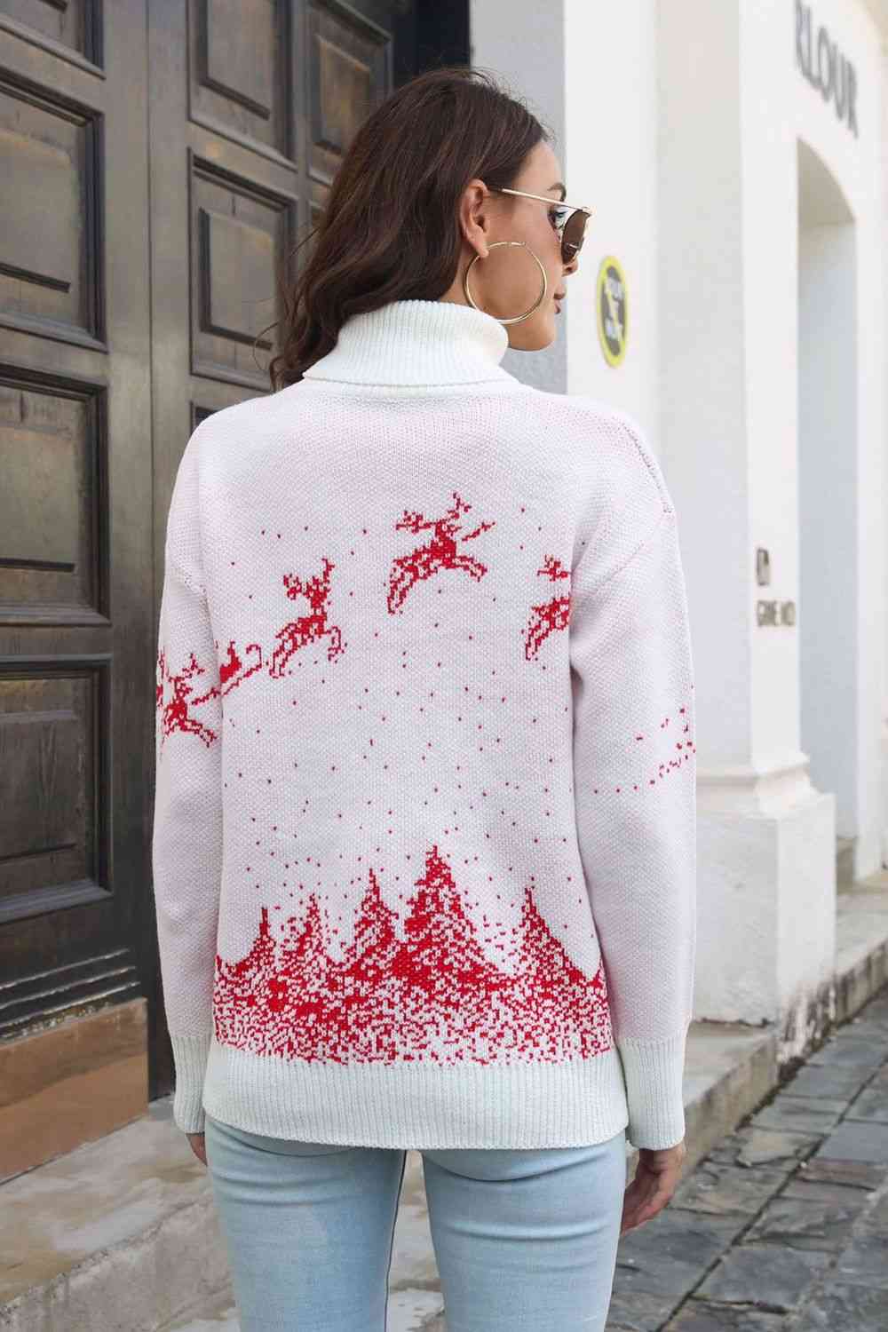 Knit Turtleneck Santa Reindeer Classy Winter Christmas Scene Chic Sweater