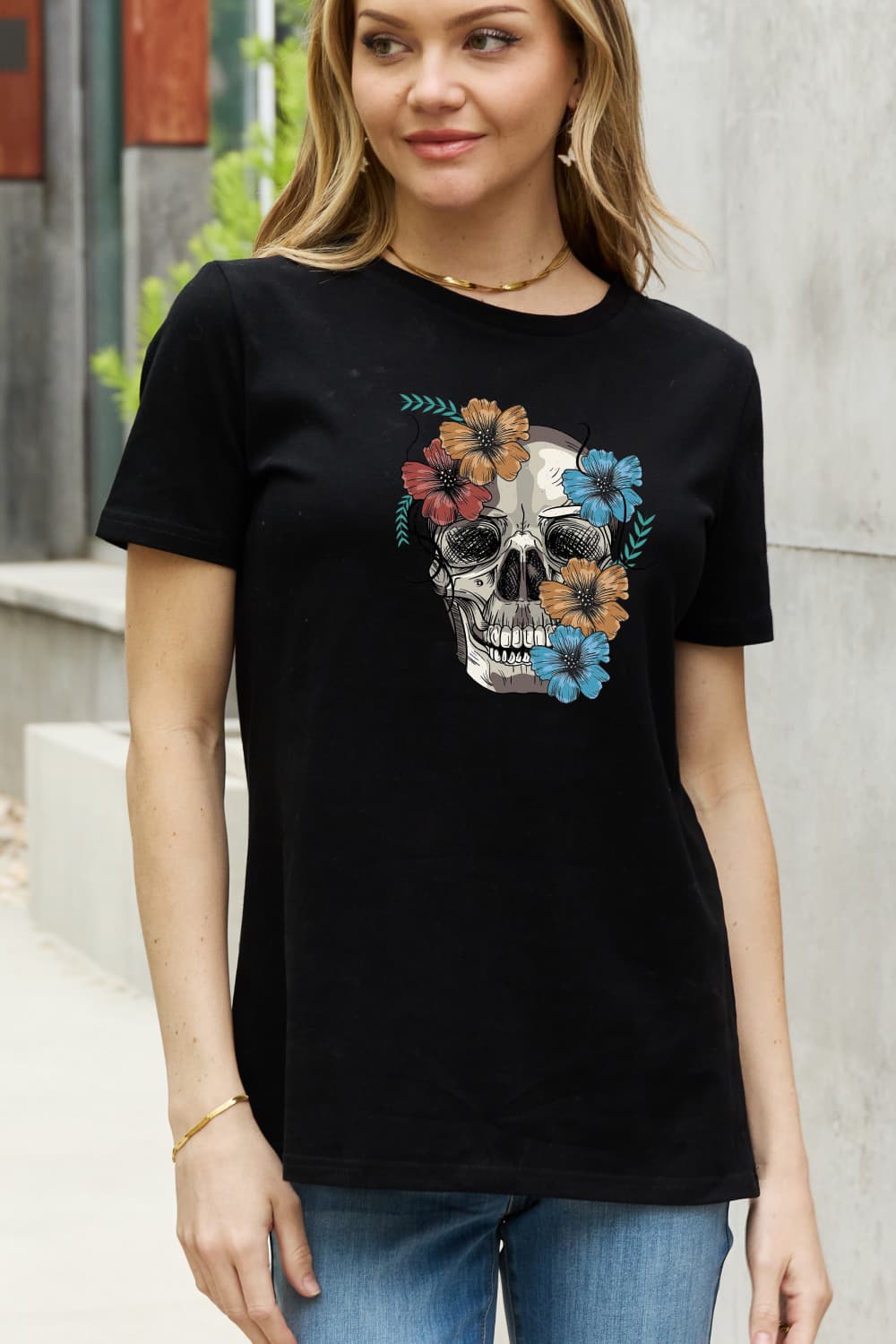 Bright Floral Skull Graphic Short Sleeve Tee Shirt 100% Premium Cotton