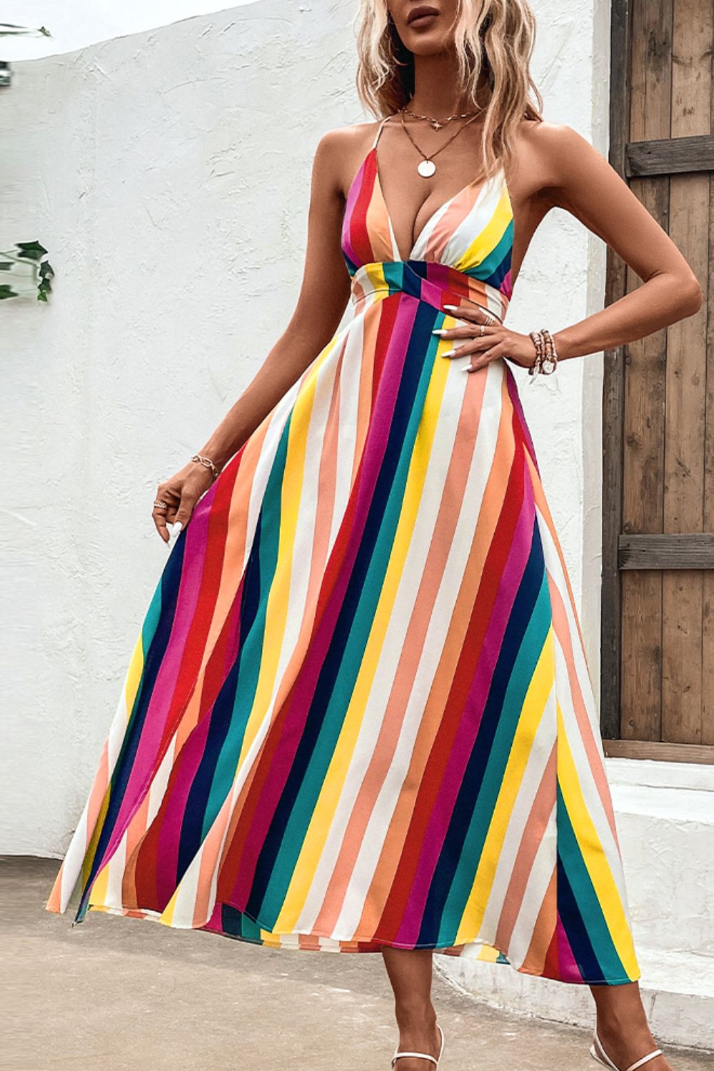 Bright Summer Stripe Backless Cross Tie Split Leg Maxi Dress (Plus Size Available)