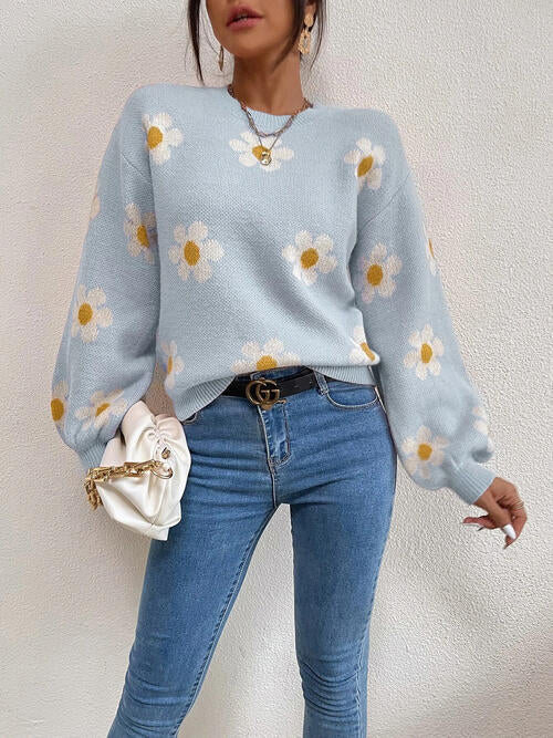 Daisy Retro Flower Knit Pullover Classic Long Lantern Sleeve Sweater Shirt