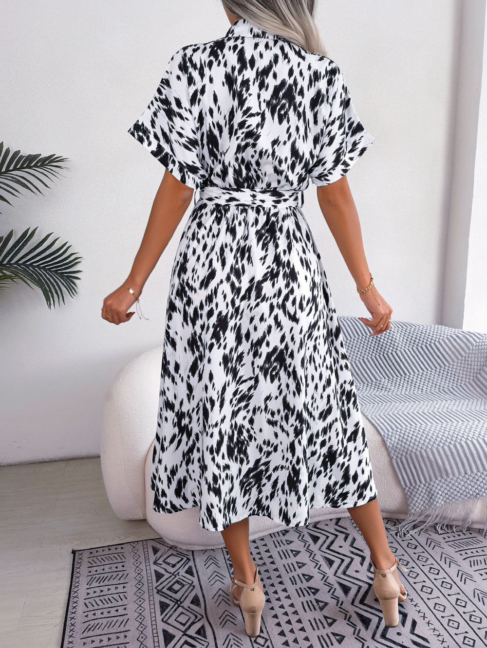 Brush Stroke Print Collared Short Sleeve Waist Tie Belt Midi Dress