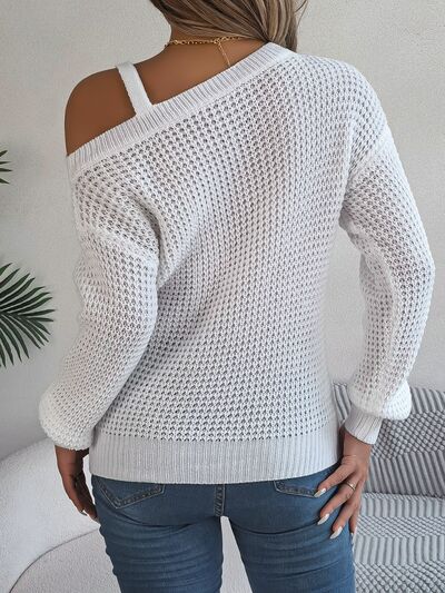 Waffle Knit Cold Shoulder Asymmetrical Gold Accent Long Sleeve Sweater Shirt