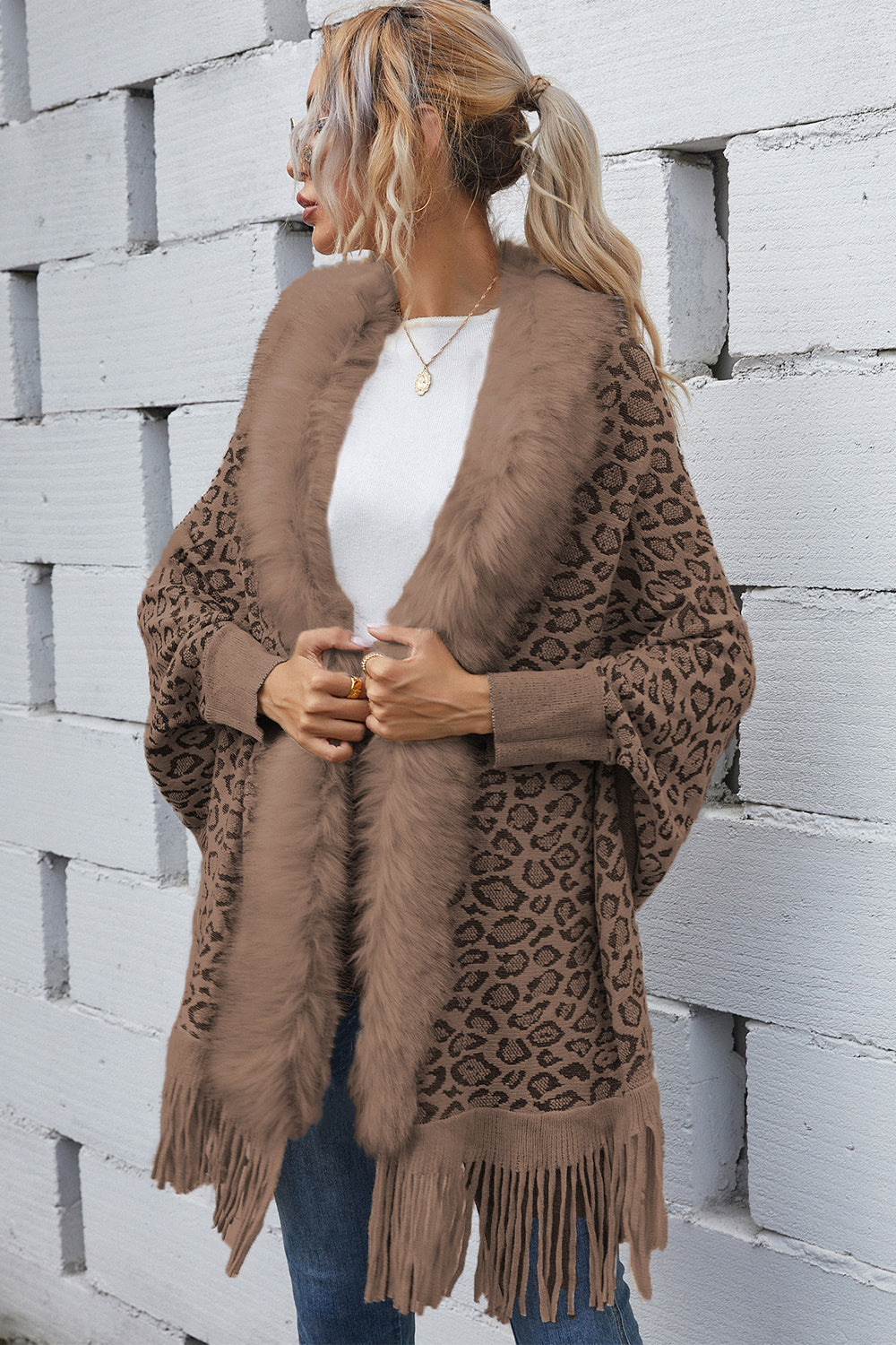 Faux Fur Knit Leopard Print Fringe Bottom Long Sleeve Cardigan Poncho
