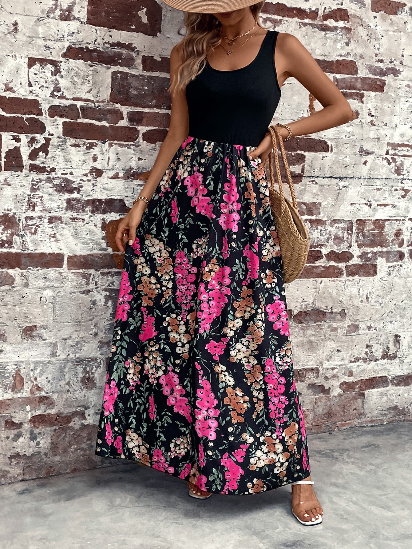 Color Block Bright Pink Floral Scoop Neck Sleeveless Maxi Dress