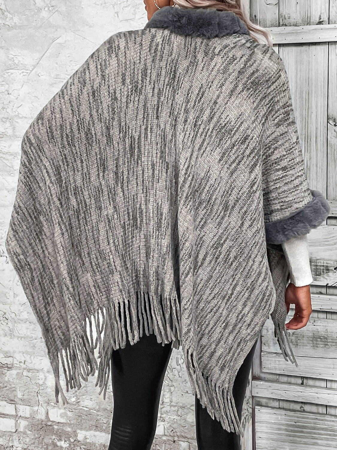 Plush Faux Fur Trim Retro Fringe Hem Open Front Knit Poncho Cardigan
