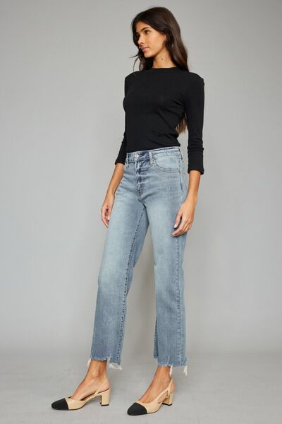 KanCan High-Rise Waist Raw Distressed Cropped Hem Wide Leg Mom Denim Jean Pants