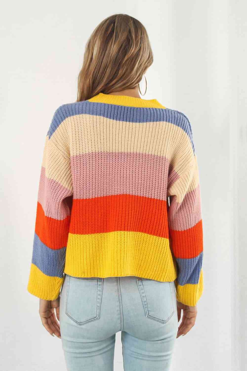 Cropped Color Block Waffle Knit Button Front Retro Long Sleeve Cardigan Sweater