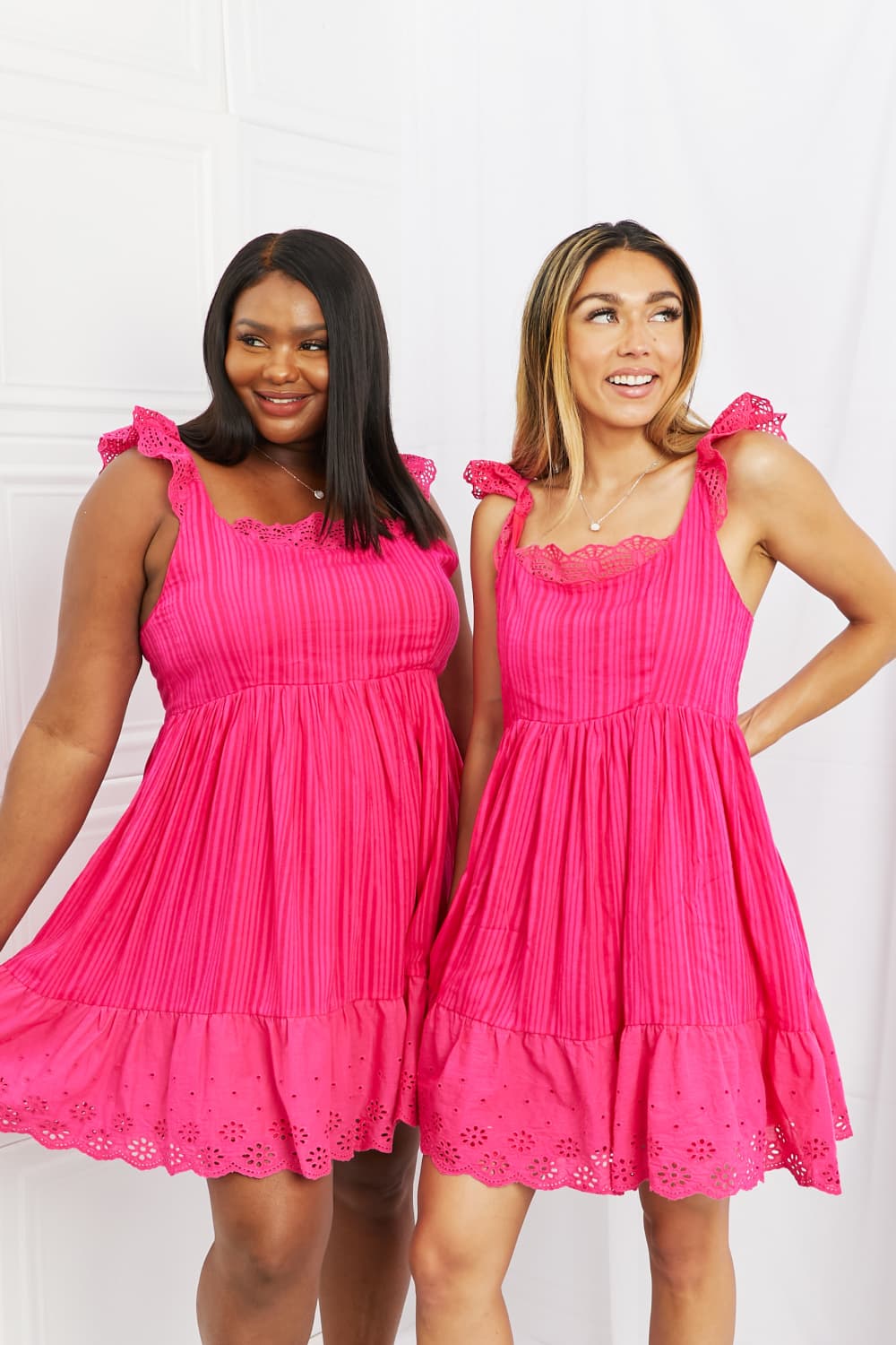 Neon Hot Pink Baby Doll Lace Ruffle Mini Dress (Plus Size Available)