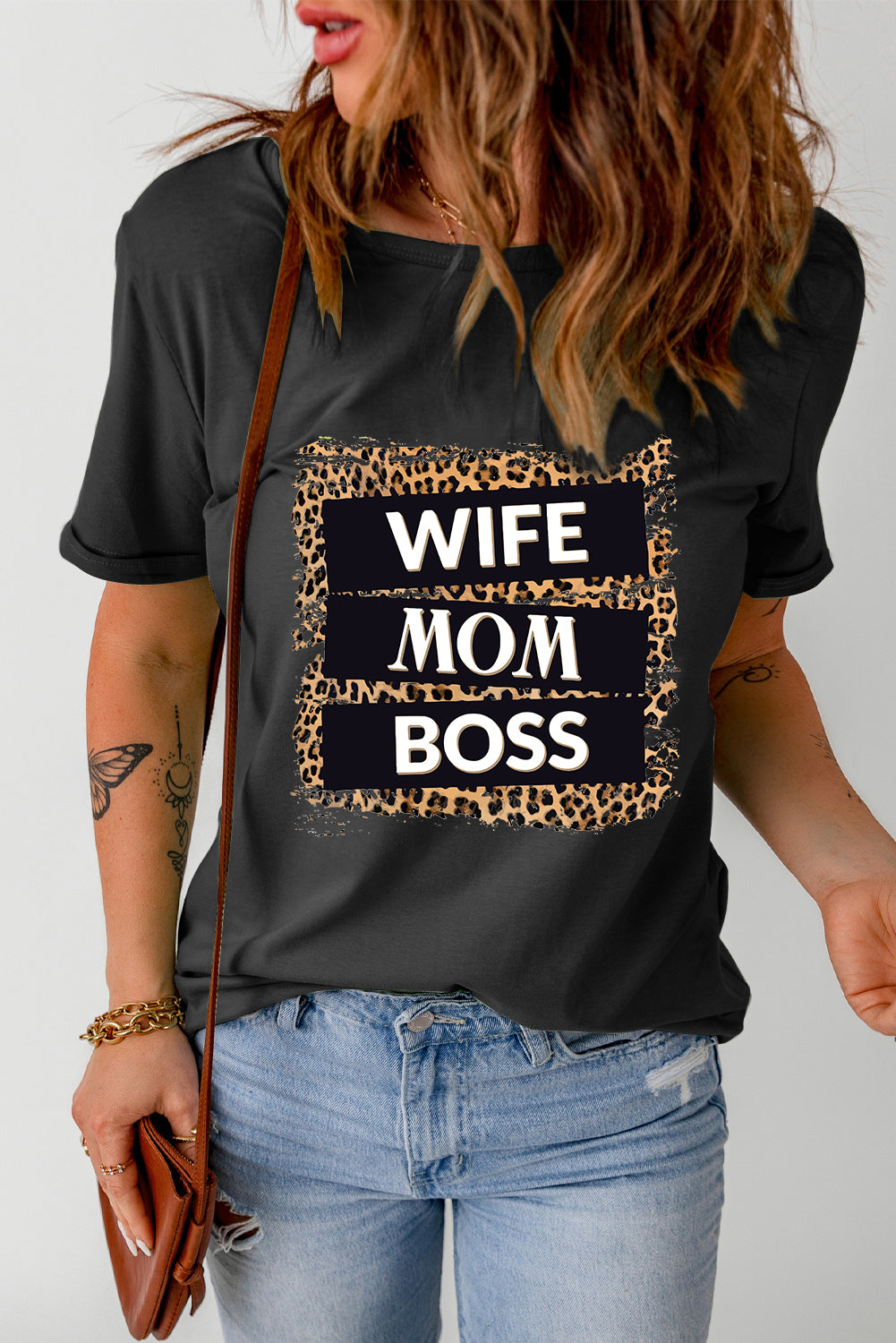 Leopard Print WIFE MOM BOSS Graphic Tee Shirt (Plus Size Avaailable)