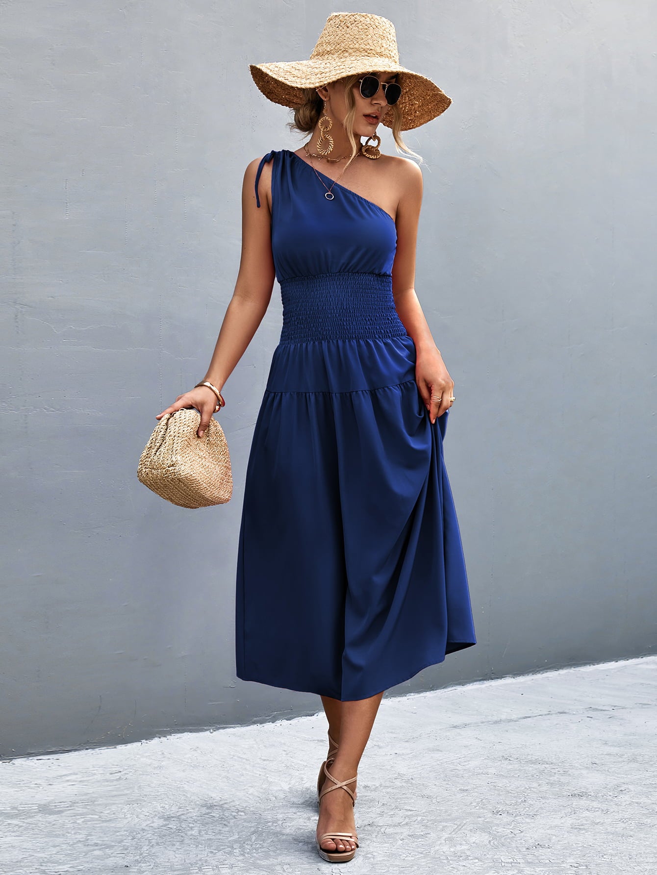 Cinch Tie Asymmetrical One Shoulder Smocked Waist Midi Dress