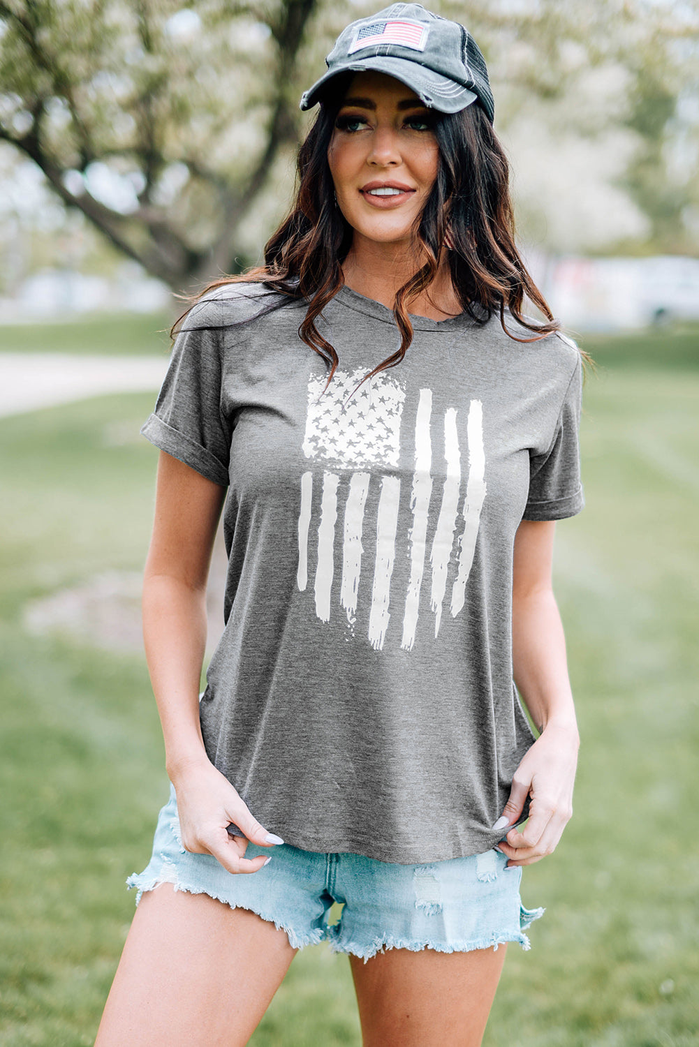 AMERICA Flag Patriotic Top Classic Cuffed Short Sleeve Tee Shirt