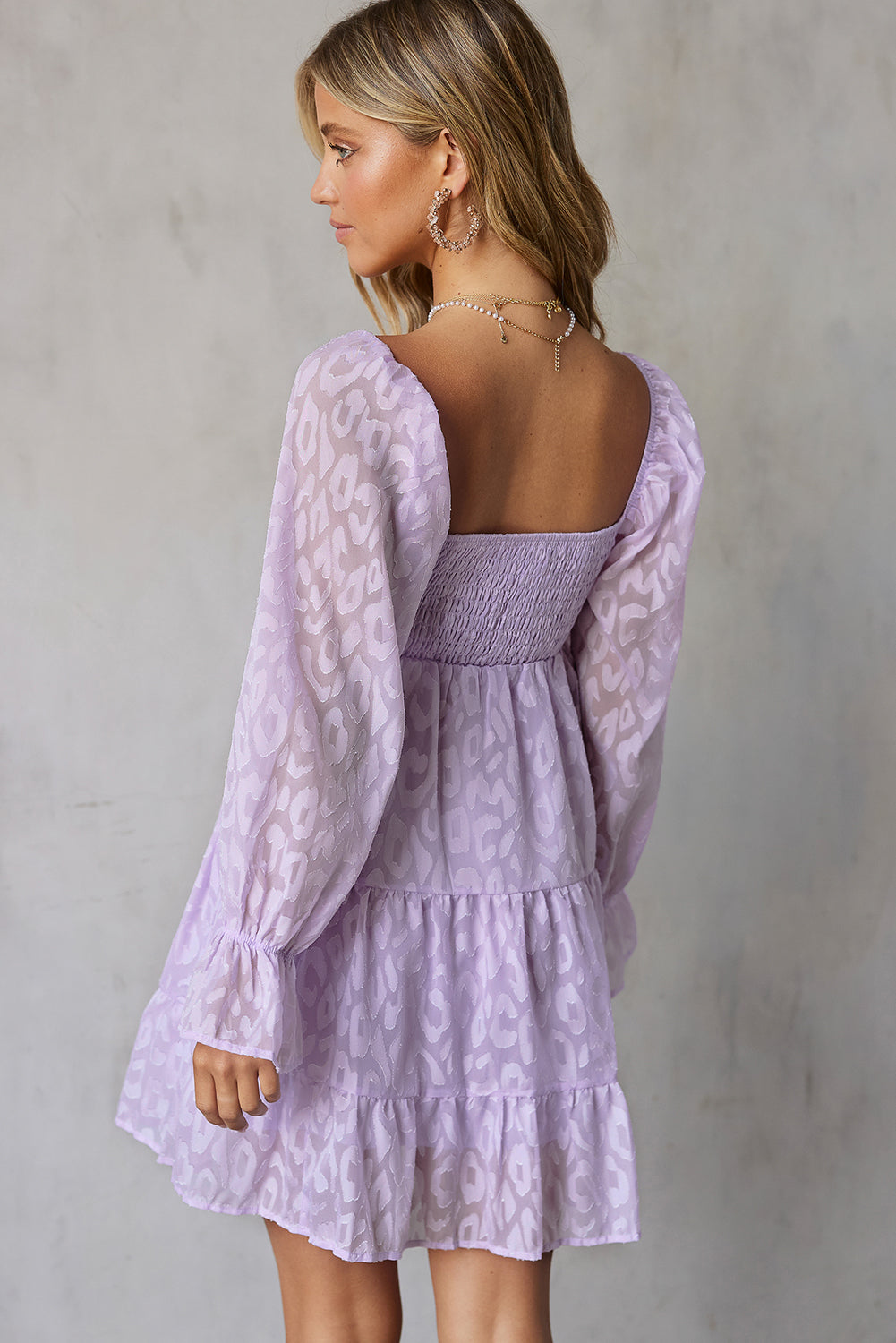 Leopard Print Tiered Long Sleeve Babydoll Dress (3 Colors Available)