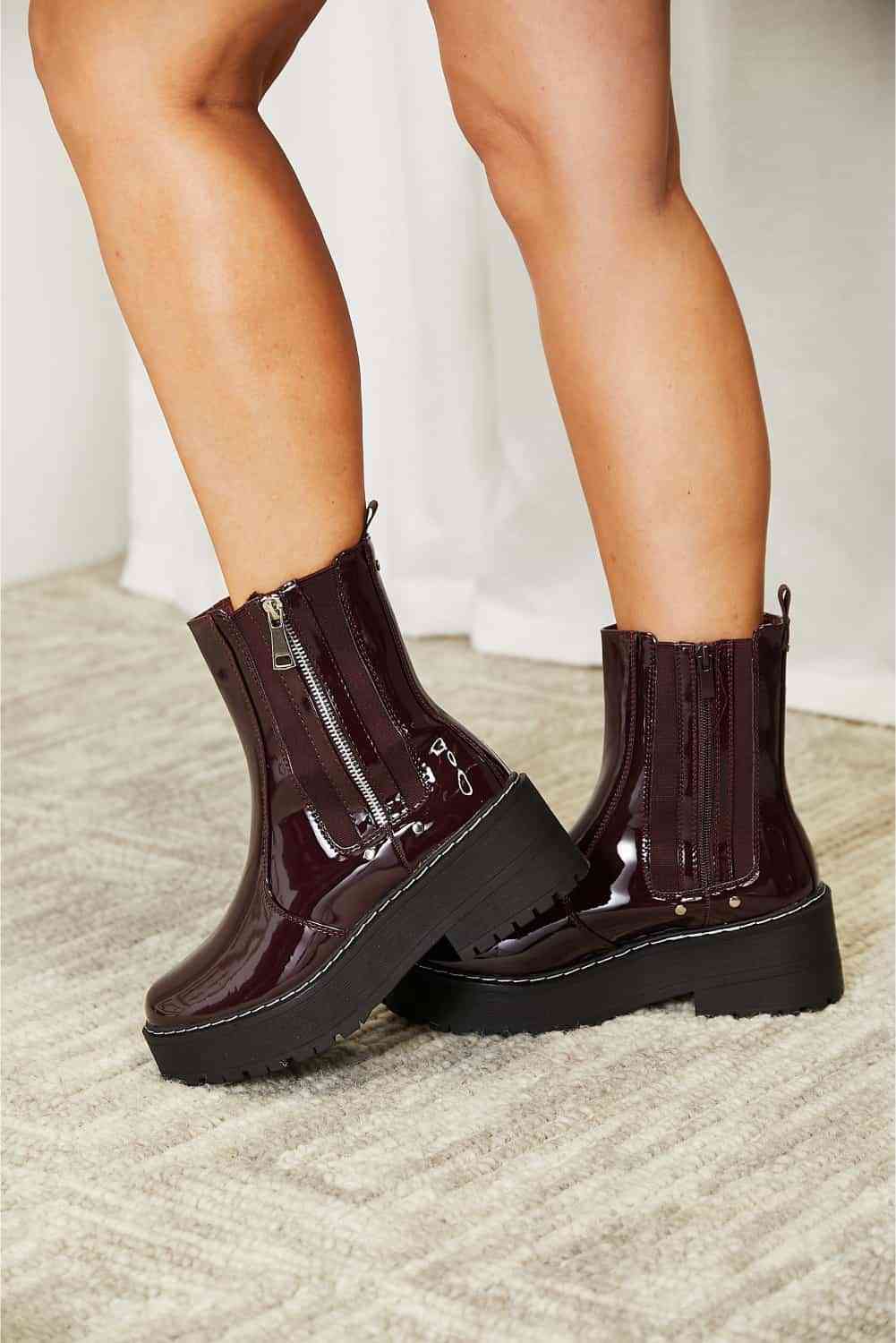 Platform Boots Side Zip Vegan Patent Leather Round Toe Shoes Forever Link