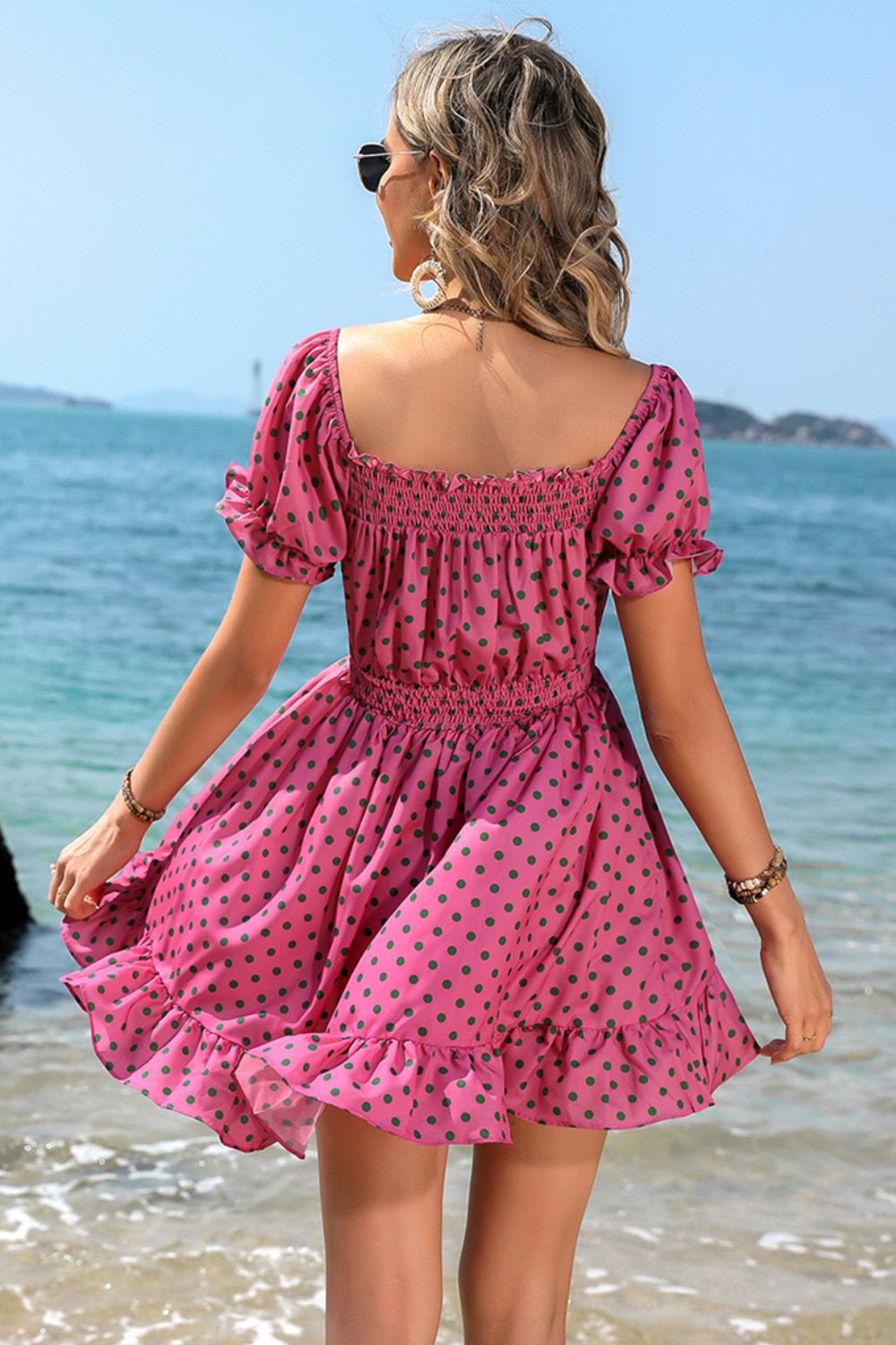 Ruffle Accent Smocked Chest and Waist Babydoll Mini Dress