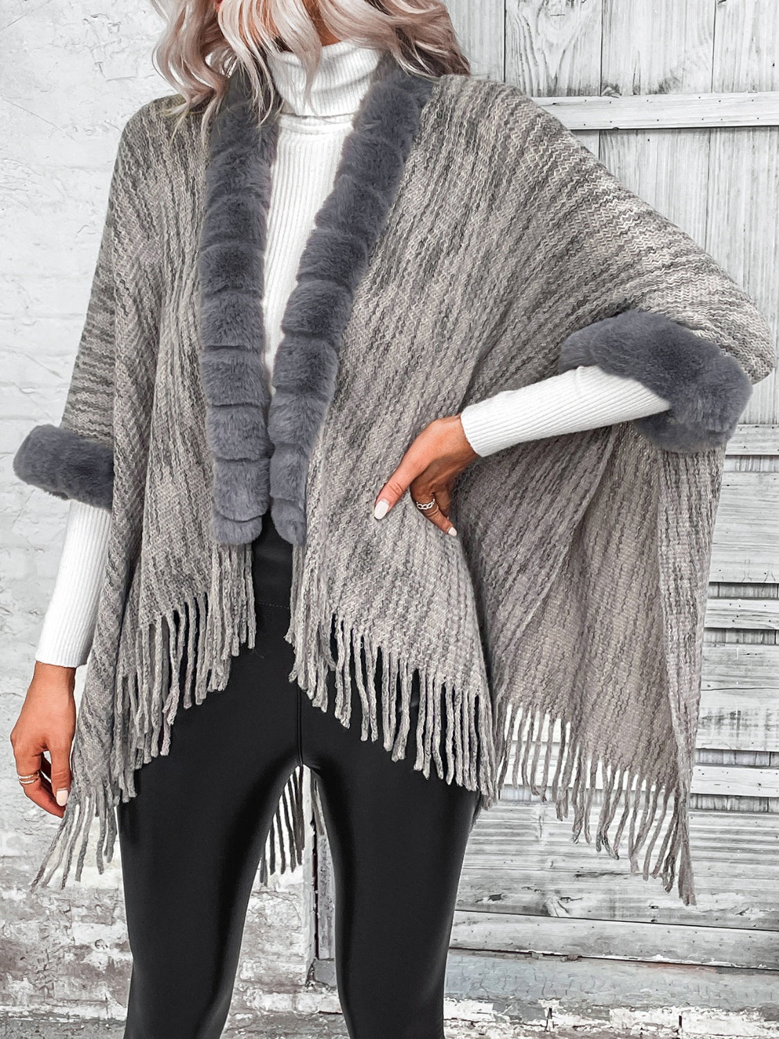 Plush Faux Fur Trim Retro Fringe Hem Open Front Knit Poncho Cardigan