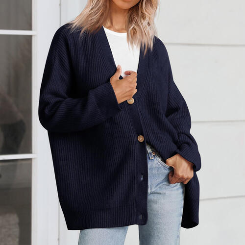 Ribbed Knit Oversized Button Front Classic Long Sleeve Button Front Cardigan