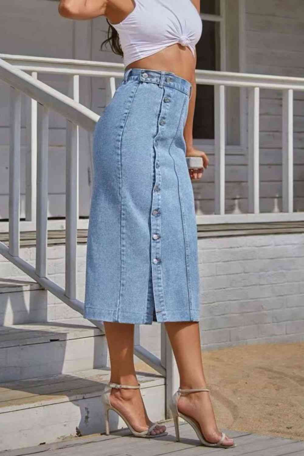 Retro High-Rise Waist Button Front Split Side Retro Blue Jean Midi Denim Pencil Skirt