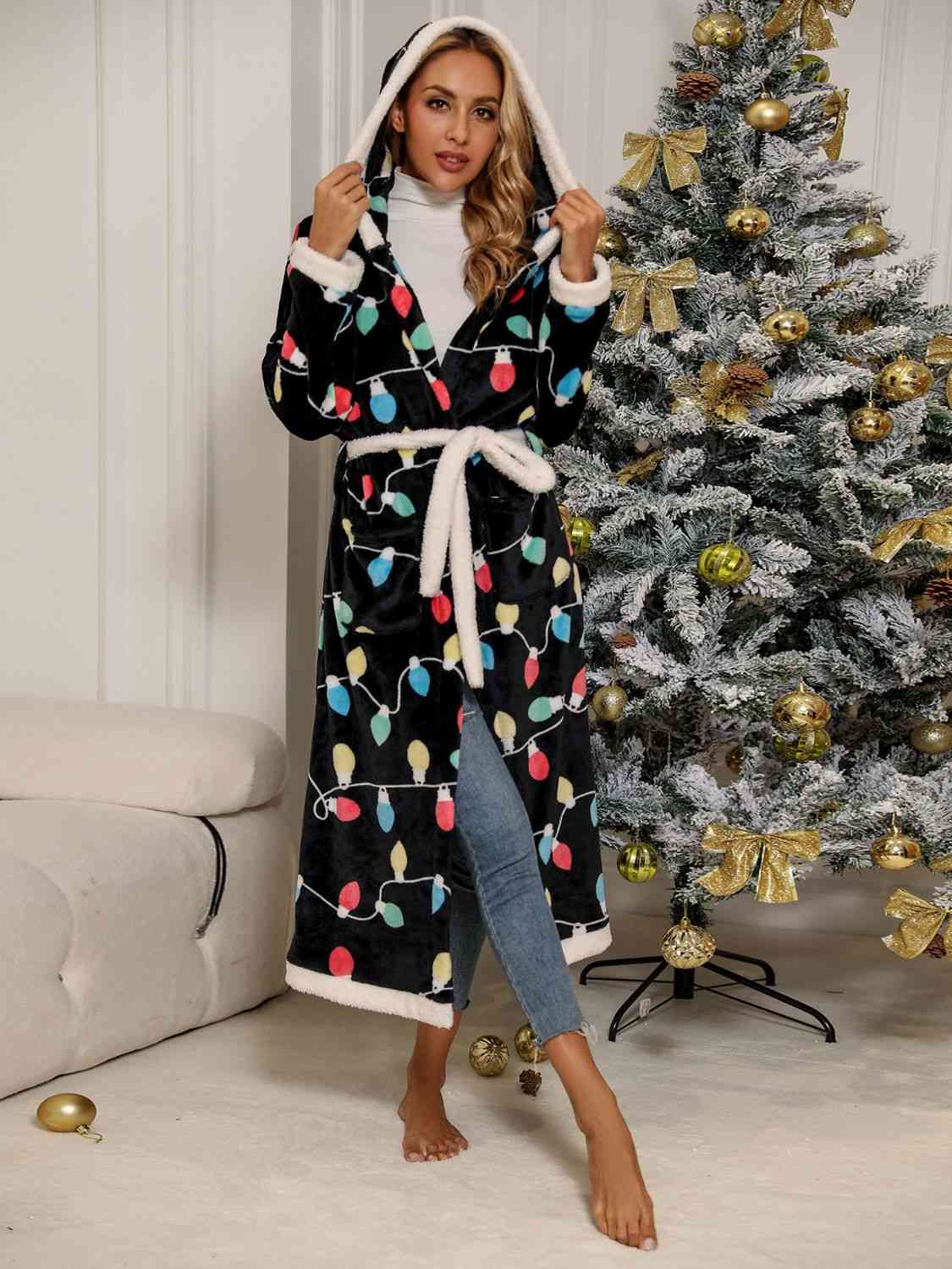 Holiday Christmas Lights Long Full Length Tie Waist Hooded Robe