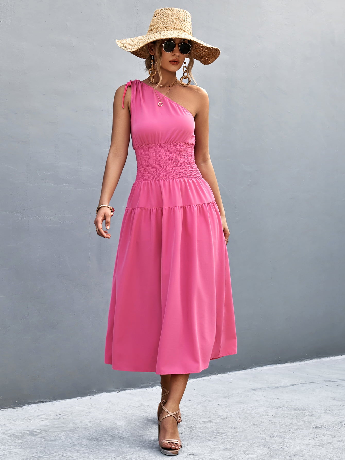 Cinch Tie Asymmetrical One Shoulder Smocked Waist Midi Dress