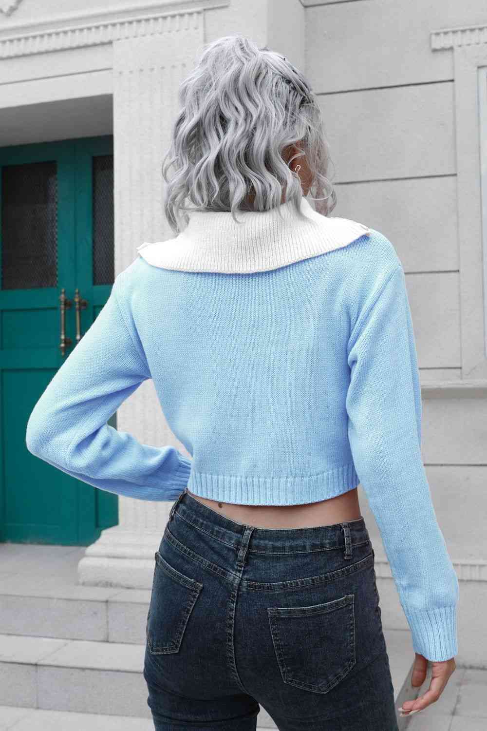 Collar Contrast Color Preppy Crop Top Long Sleeve Faux Layer Sweater Shirt